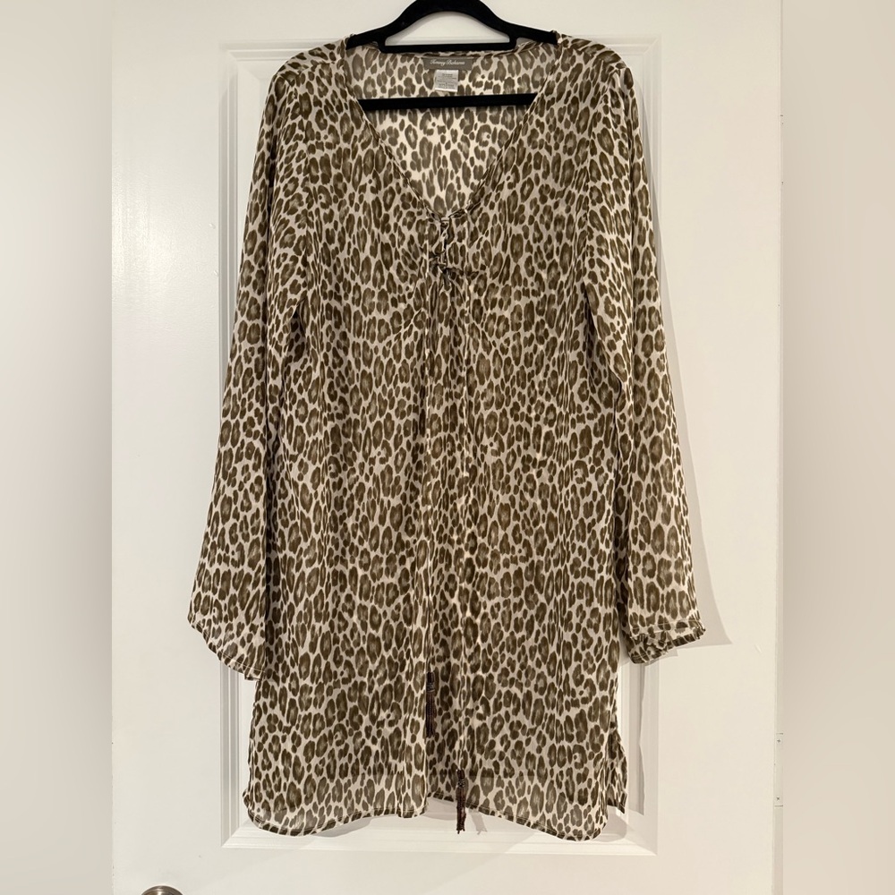Tommy Bahama Leopard Print Sheer Cover-Up Top Size M Beaded Lace-Up Coastal
